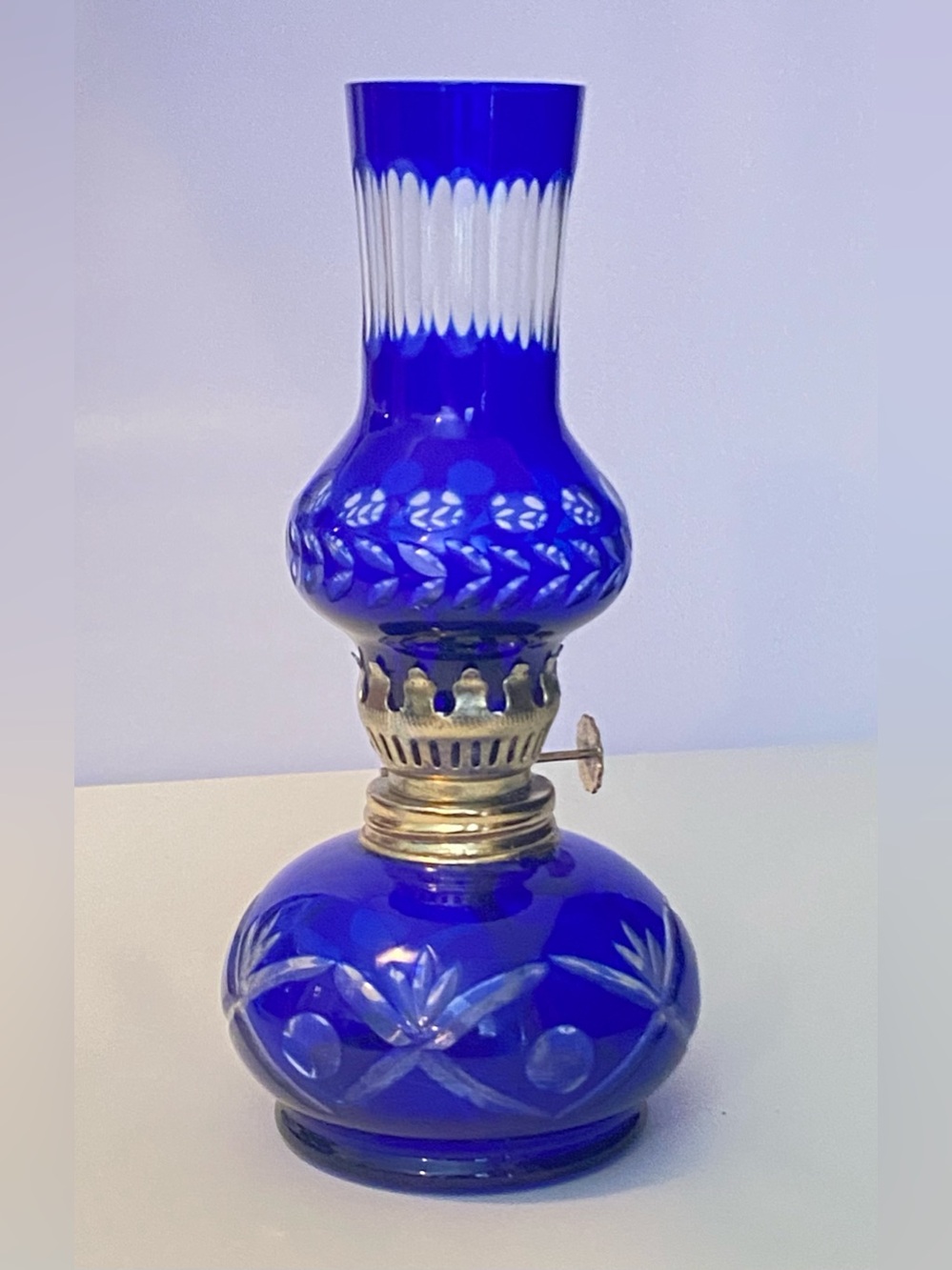 Cobalt Blue Glass Cut-to-Clear Oil Lamp 7" Miniature Boho Cottage Fairy